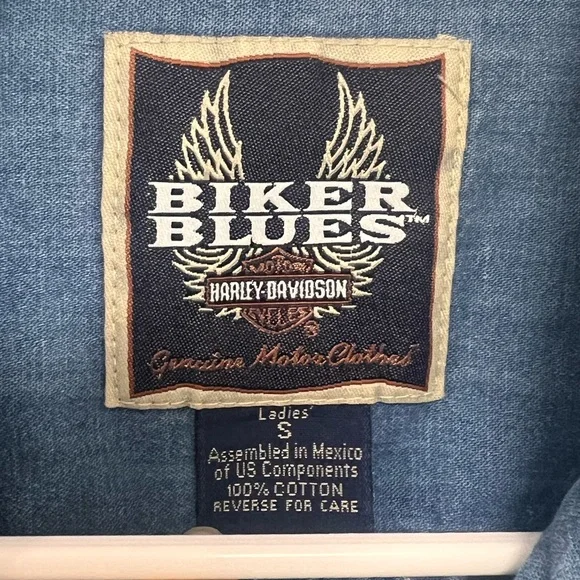 Harley-Davidson Biker Blues Womens Chambray Cropped Tie Front Shirt Y2K S - Picture 5 of 12
